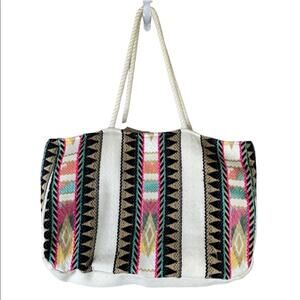 Judith March Large Tote Bag Embroidered Southwest Pattern Stripes Pink Lining